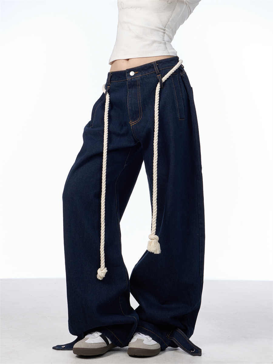 Washed Black Loose Straight Wide Leg White Stitching Jeans