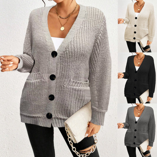 Fashion Loose Pockets Button Women's Cardigan Sweater