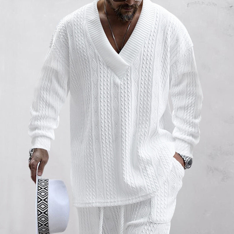 European And American Style Men's Clothing Jacquard Loose-fitting Knitted Solid Color Casual V-neck Long-sleeve Knitwear