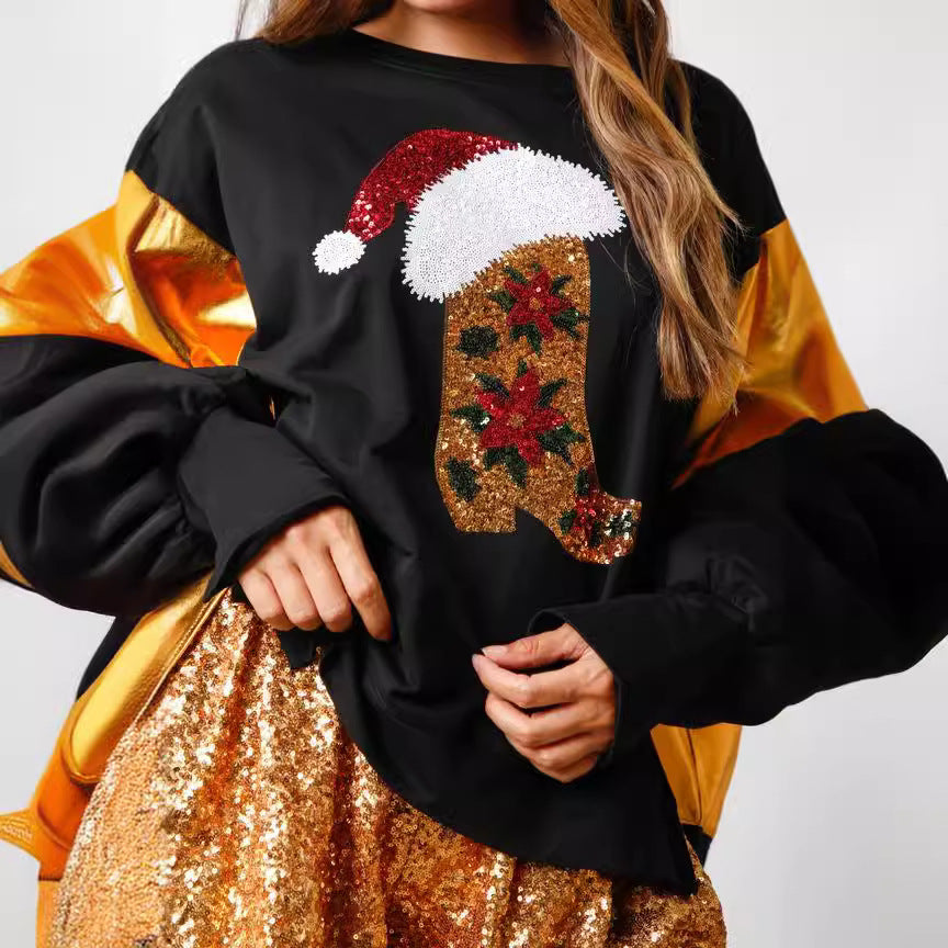 Autumn And Winter New European And American Christmas Sequins Long Sleeve Pullover Hoodie Women