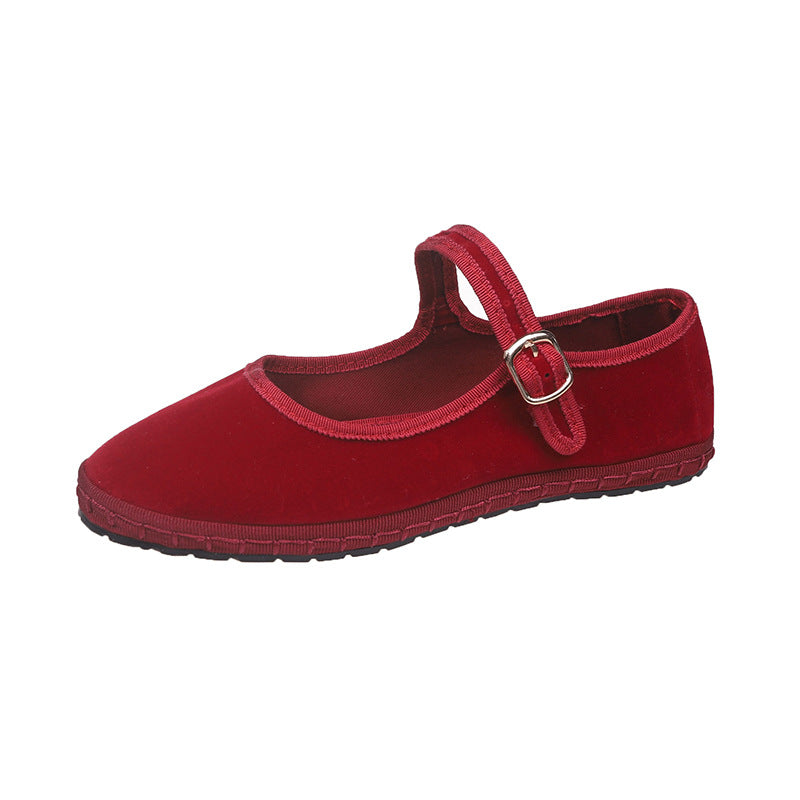 Retro Flat Bottom Suede Pumps Red Gentle