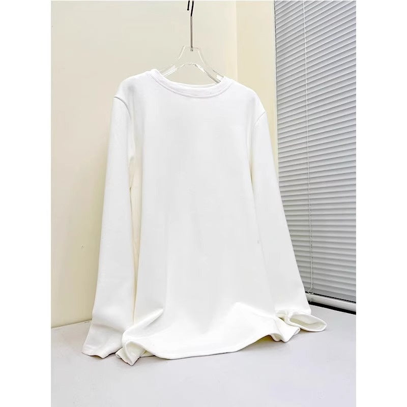 Plus Velvet Hvid Bundskjorte Dame Inder Match Mellemlang Løs T-shirt