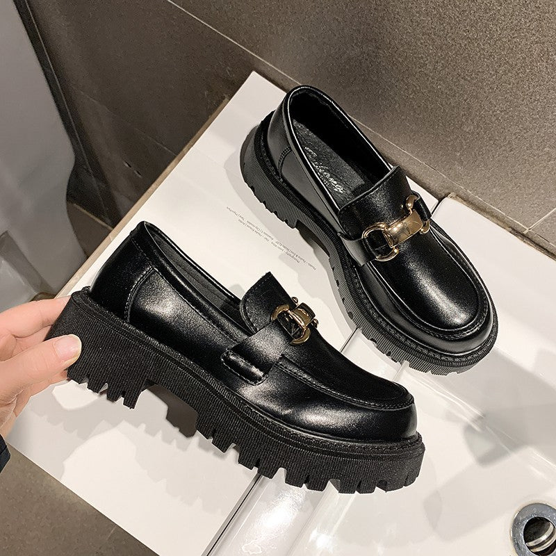 Chunky Heel Platform Small Leather Slip-on Loafers