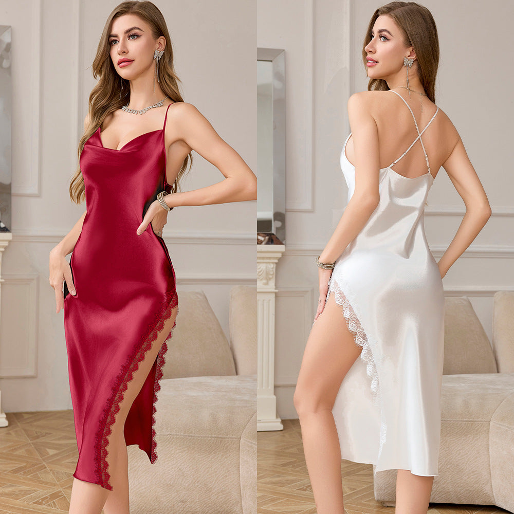 Strapless Backless Skirt With Slit & Lace Womens 2-Piece Pajama Set