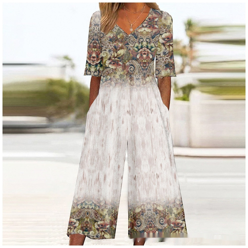Summer Elegant V-Neck Jumpsuit With Three-Quarter Sleeves And Wide Legs