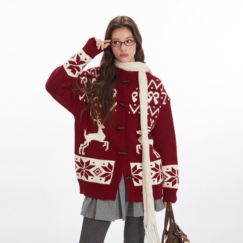Loose Knitted Jacquard Horn Button Retro Women's Cardigan Sweater