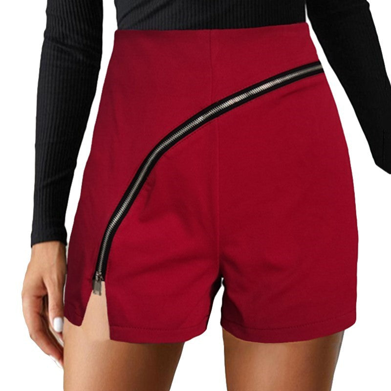 New Casual Women's Pure Color Personality Diagonal Zipper Split Casual Shorts