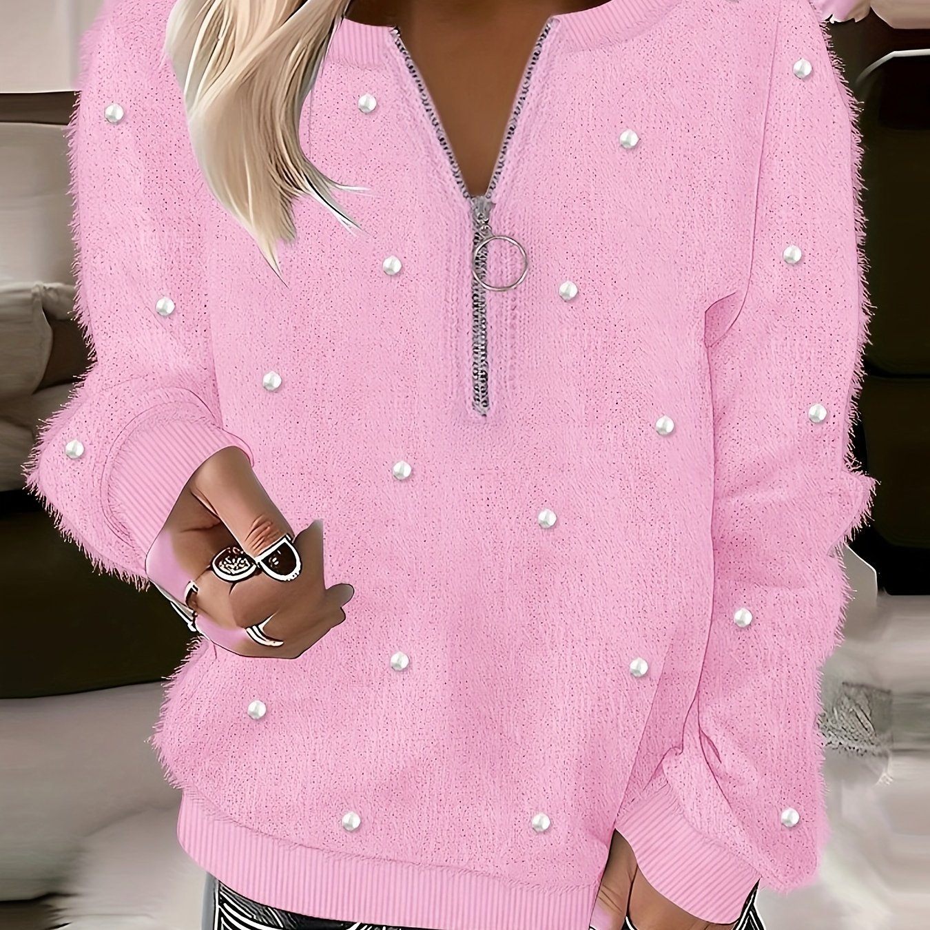 Knit Sweater With Pearl Elegant Women's