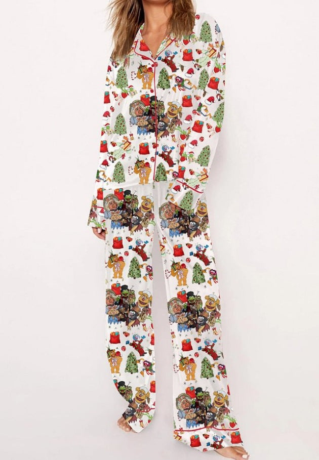 Fashionable Long-sleeve Printed Lapel Loungewear Pajamas