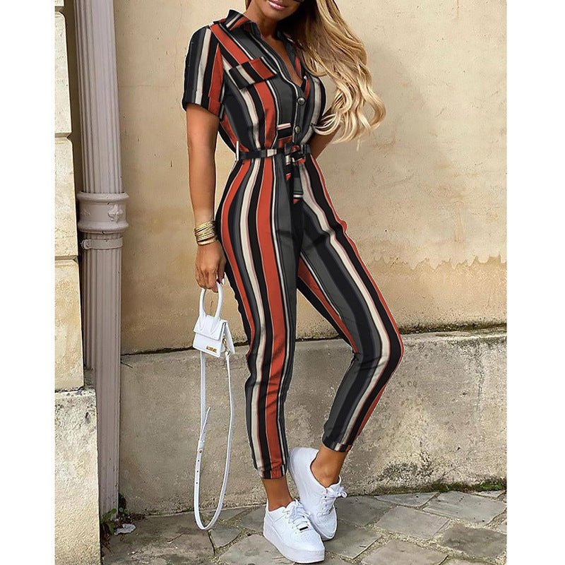 Casual Lapel Button Print Belt Cargo Jumpsuit