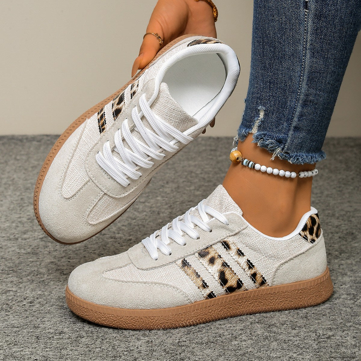 Springautumn New Vintage Leopard-print White Shoes Round-toe Lace-up Large-size Casual All-match Sneakers