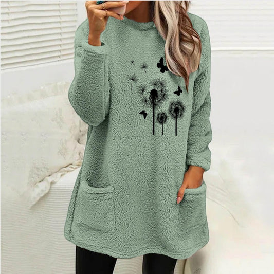 Europæisk og amerikansk rundhals sweater til kvinder, langærmet, med lommer, præget dobbeltsidet fløjls-sweatshirt