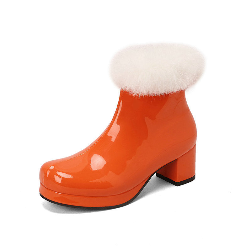 Womens Short Boots For Fall Winter Patent Leather Chunky Heel