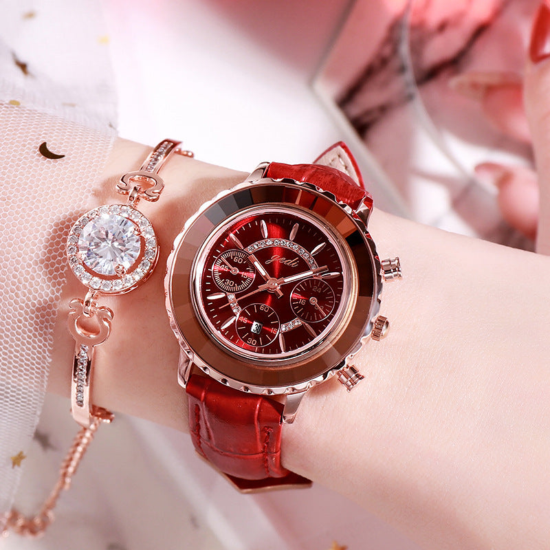 Green Leather Strap Ladies Belt Calendar Watch