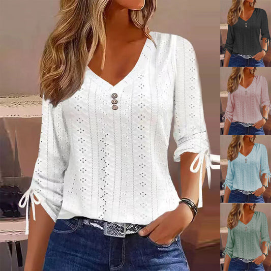 Solid Color Jacquard Button Long-sleeved T-shirt Top