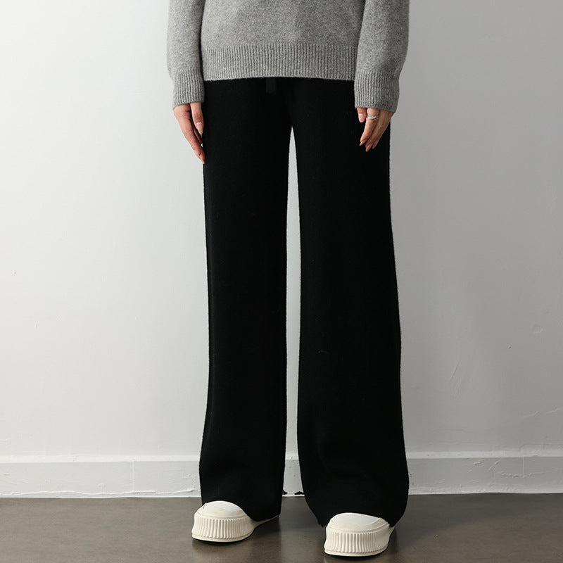 Stretch Elastic Waistband Lace-up Straight Wide-leg Pants