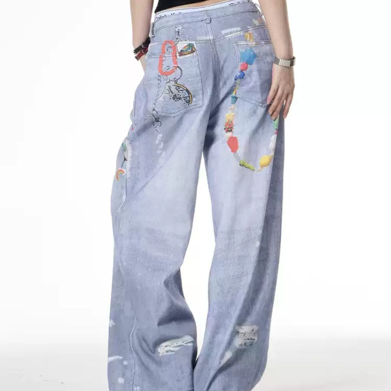 Distressed Dirty Dyed Jeans Women's Summer Design Sense Niche Loose Wide Leg