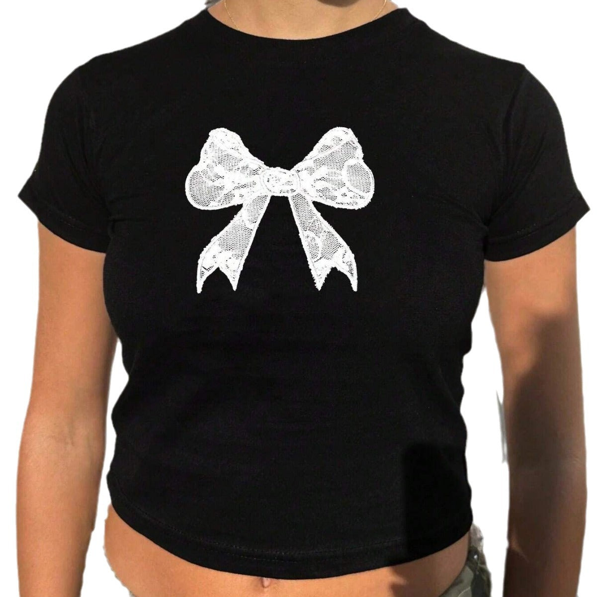 Womens Preppy-Style Bow-Knot Midriff-Baring T-Shirt Top