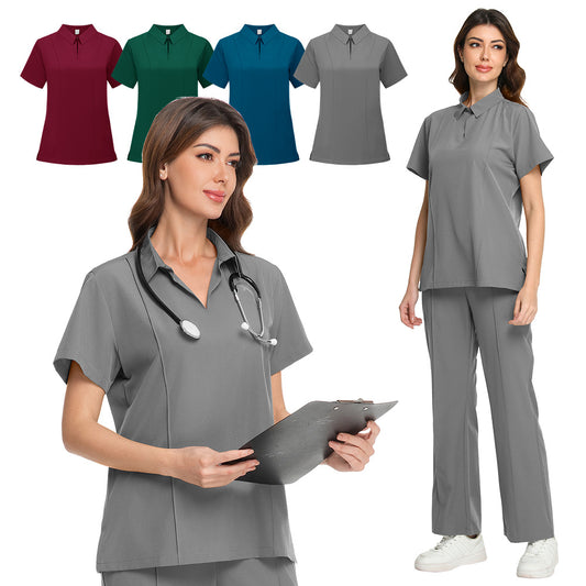 POLO-collar Scrub Top And Short-sleeve Scrub Pants Set For Dental And Oral Care