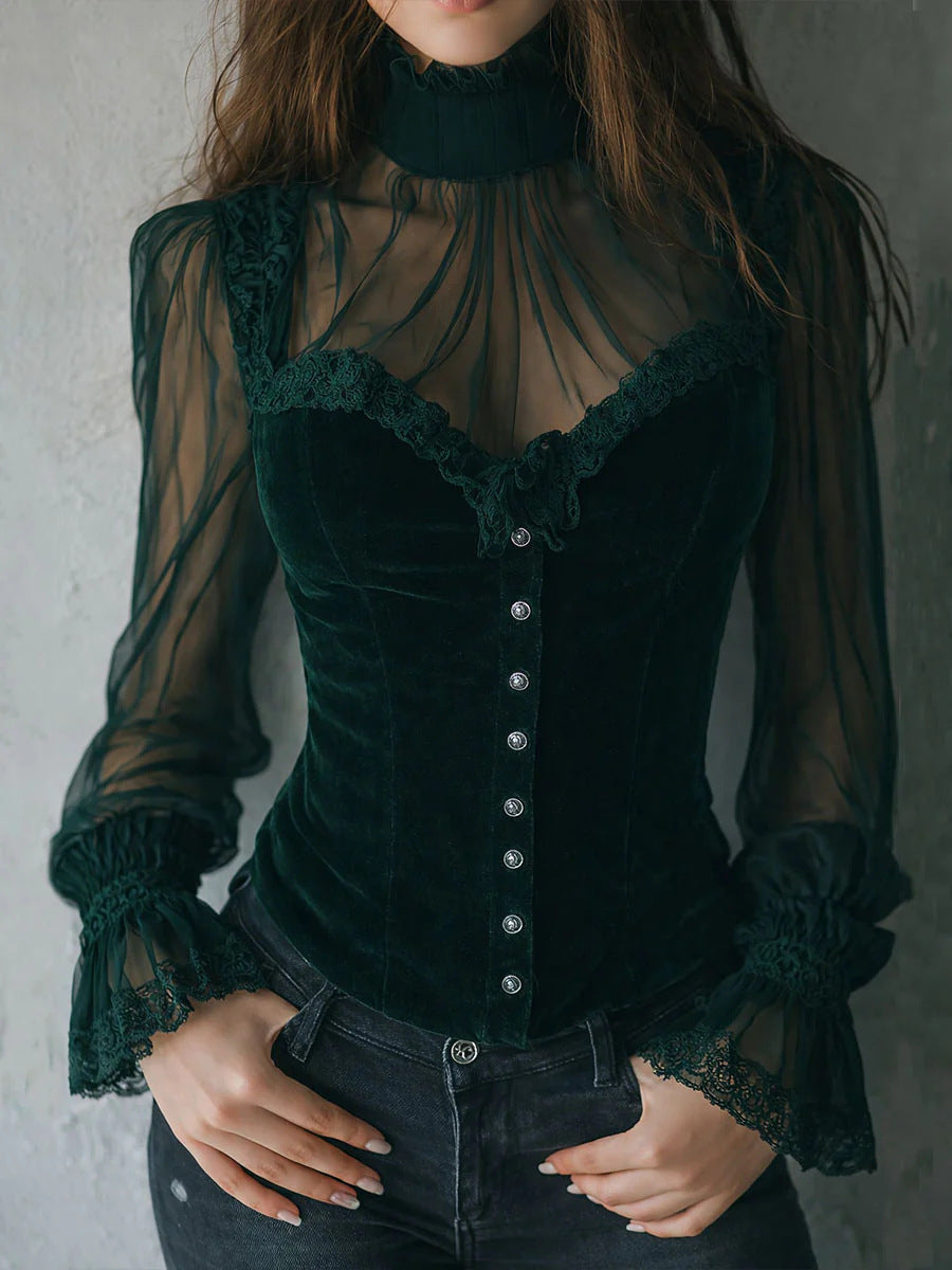 Mesh-panel Black Lace Top With Hollow-out Floral Trim
