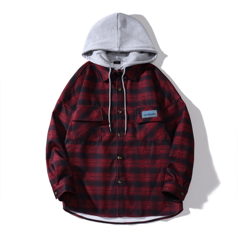 Hooded Plaid Shirt Men's Loose Casual Jacket Student