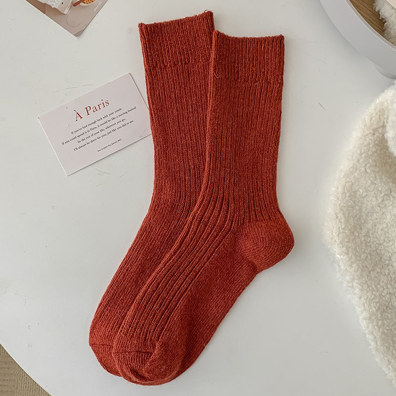 Solid-color Vertical-striped Wool Womens Socks For Fall And Winter