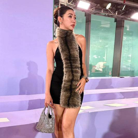 Backless Plush Patchwork Contrasting Color Bodycon Dress