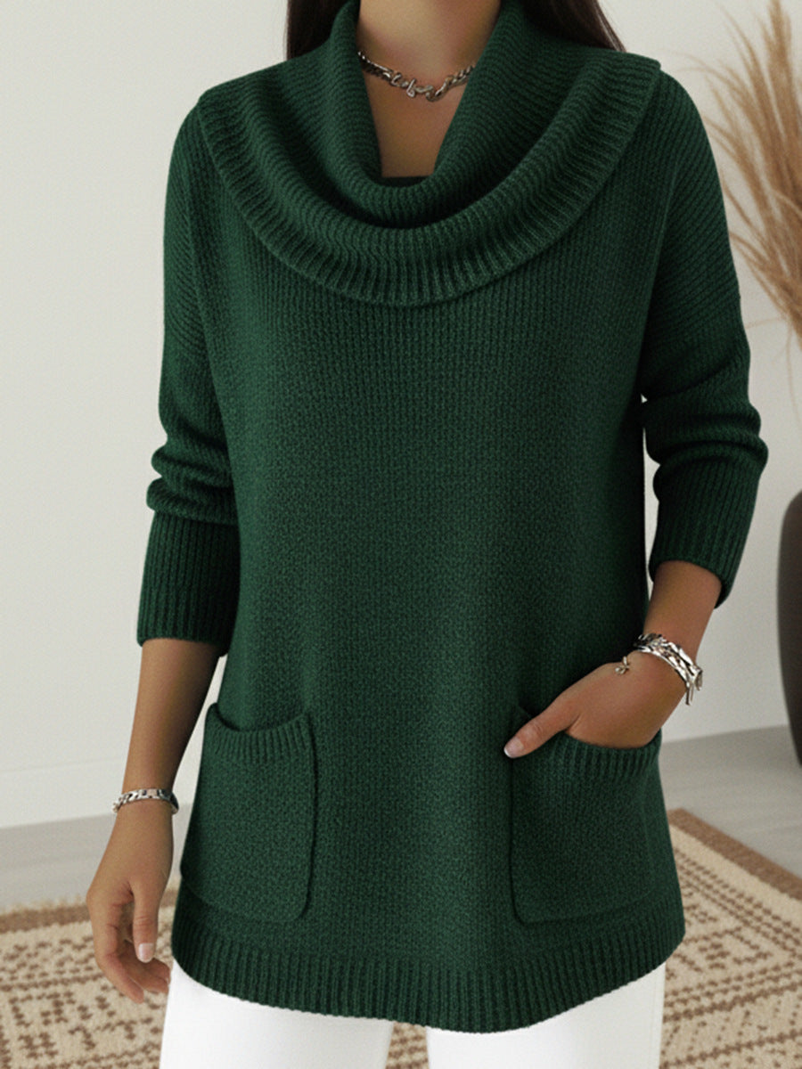 Solid-color Pocketed Long-sleeve Sweater