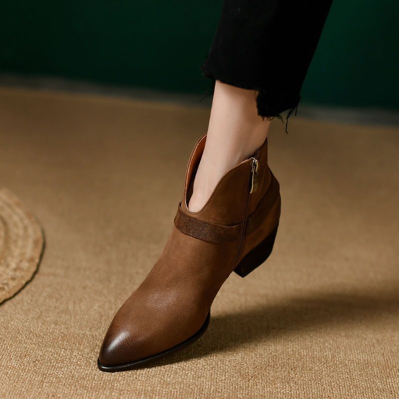 Womens Mid-heel Pointed-toe Chunky Heel Boots