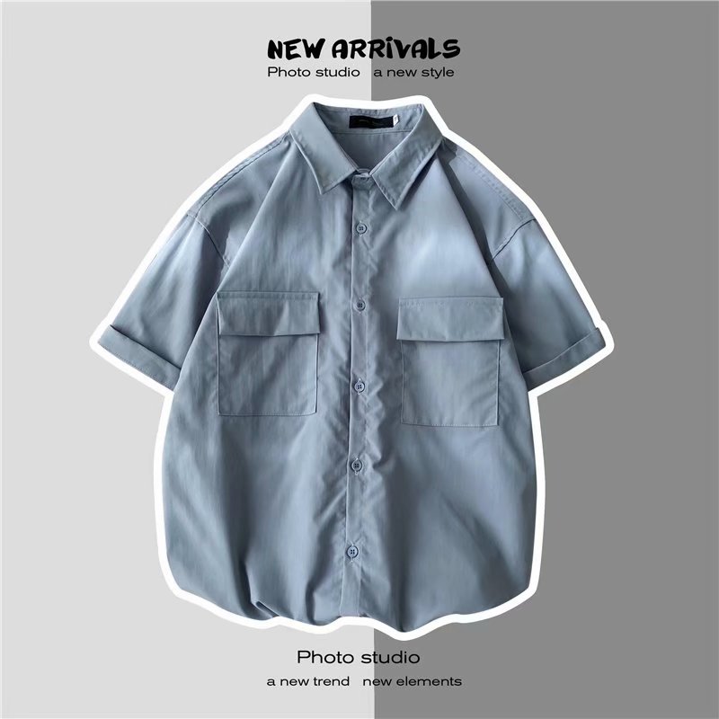 Hong Kong Style Loose Men's Summer Short Sleeve Shirt Overalls