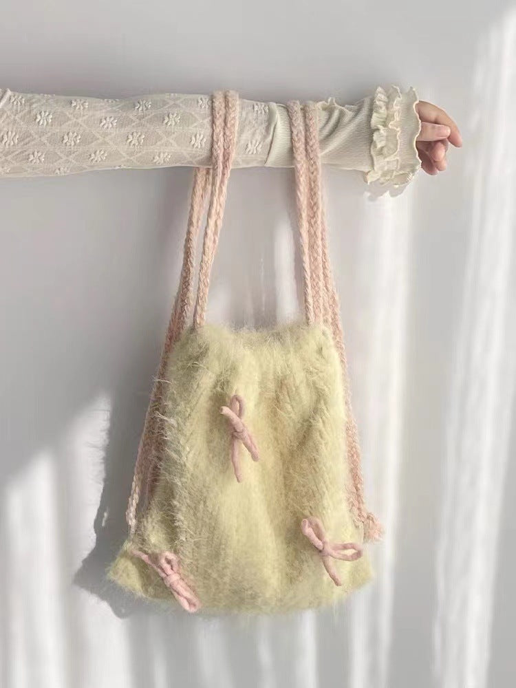 Drawstring Backpack Bowknot Furry Cloth Bag Tender Yellow Ladies