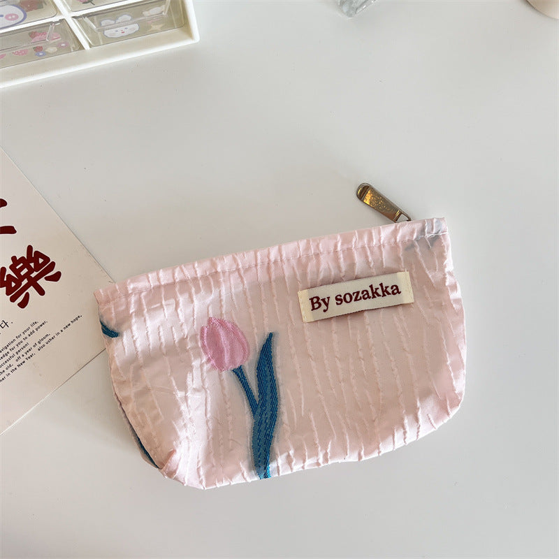 French Relief Flower Makeup Simple Portable Handbag Casual Mobile Phone Handheld Bag