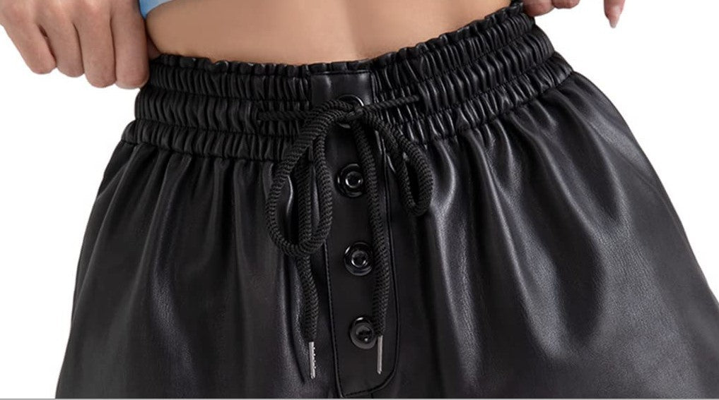 Casual Loose Drawstring Four Seasons Wear PU Elastic Leather Pants