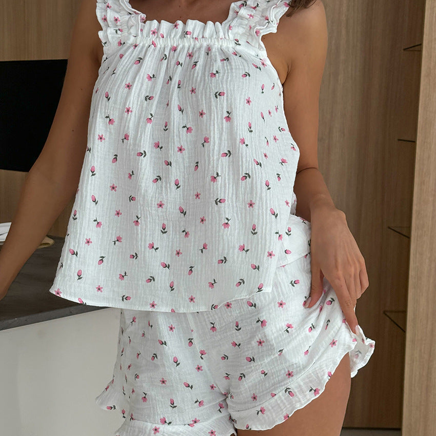Pure Cotton Sweet Printed Ruffle-Trim Cami Shorts Two-Piece Set