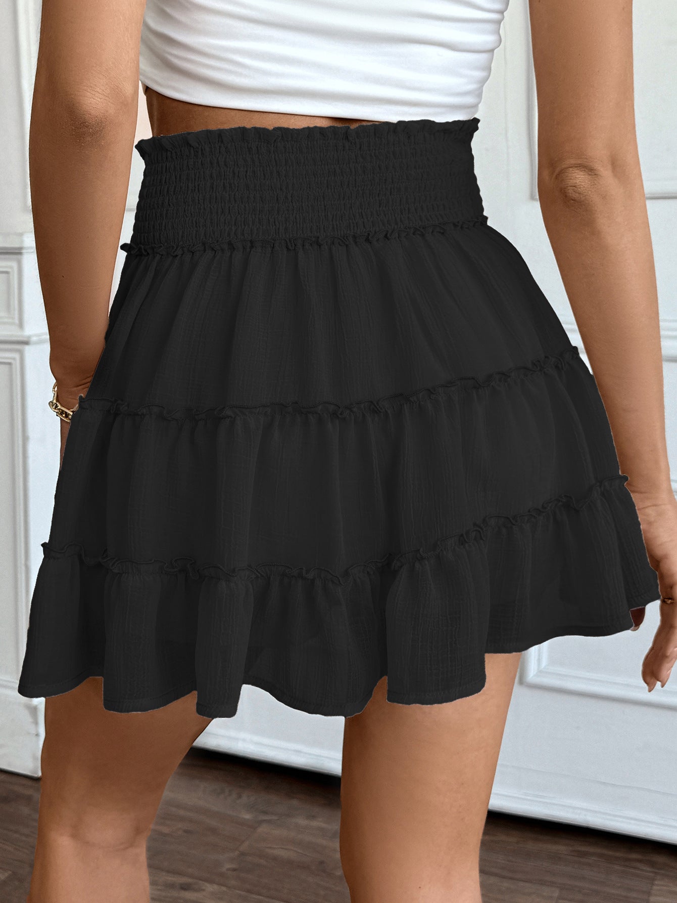 Casual Vacation Style Pleated Pure Color Elastic Waist Skirt For Women