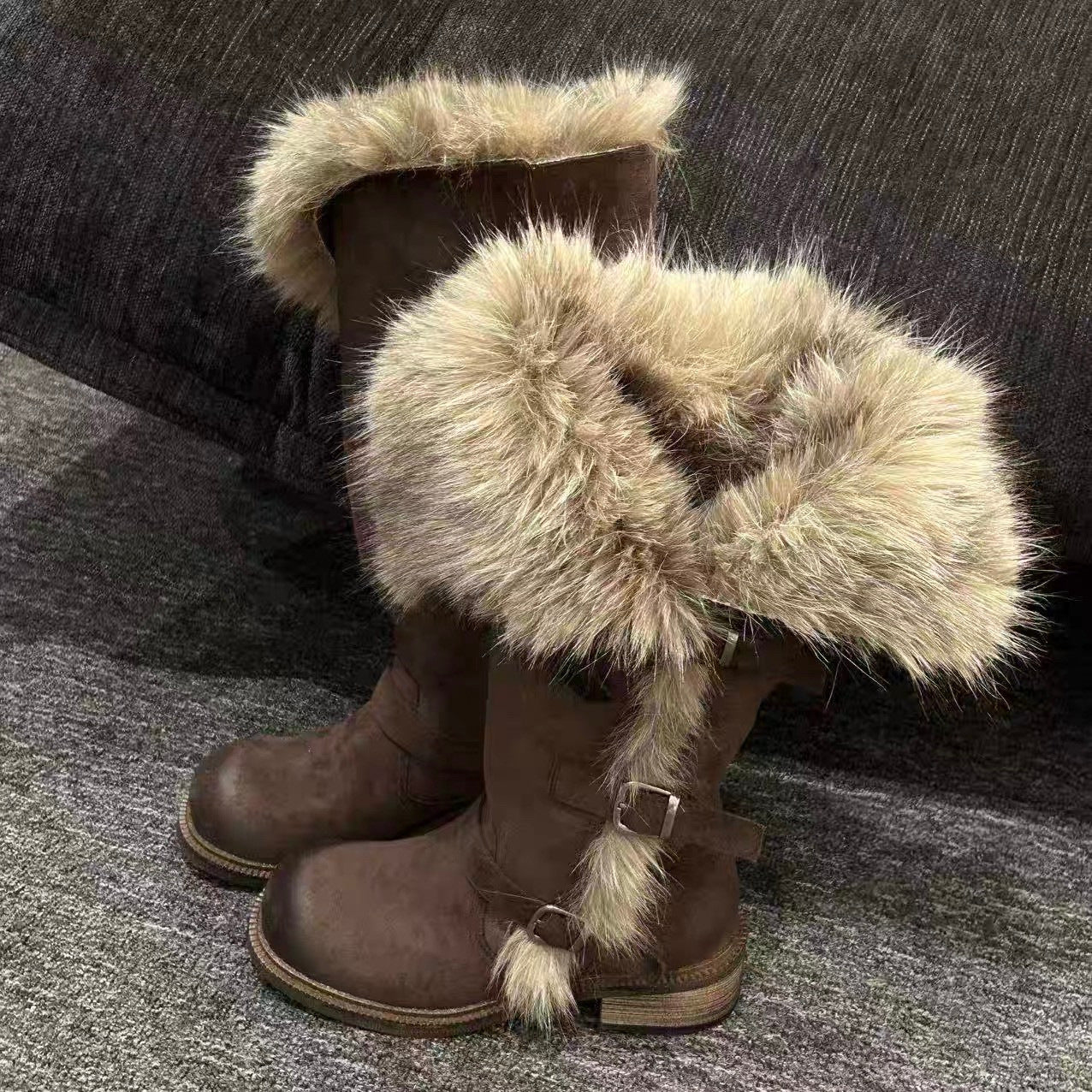 New Winter Retro Chic All-Match Leather-Buckle High-Top Furry Snow Boots For Women