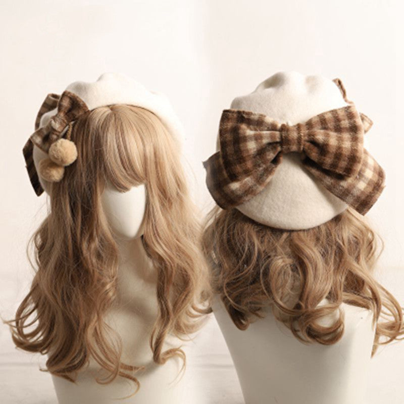 Handmade Plaid Pom Pom Bow Beret