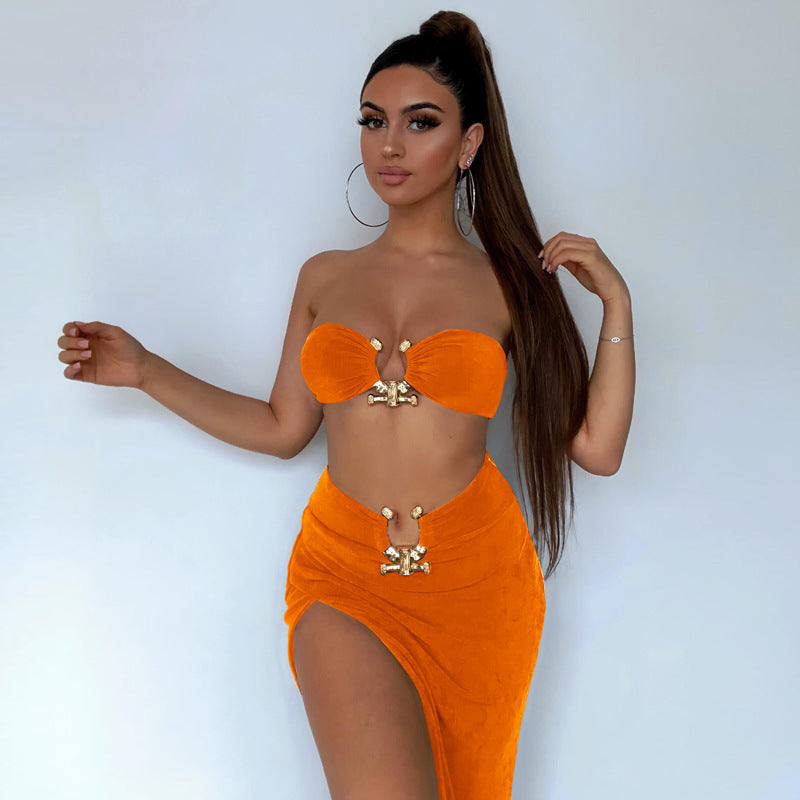 Womens Sexy Midriff-baring Top And Slit Sheath Skirt Set