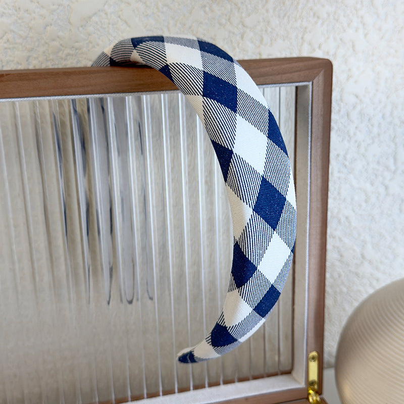Blue Color Plaid Bow Sponge Headband
