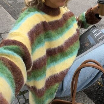 Women's New Color Round Neck Striped Knitted Sweater Fashion Loose