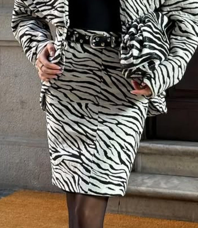 Zebra-striped Coat And Short Sheath Skirt Set