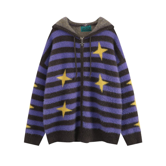 Idle Style Loose Red Striped Hooded Zip Cardigan Sweater Coat
