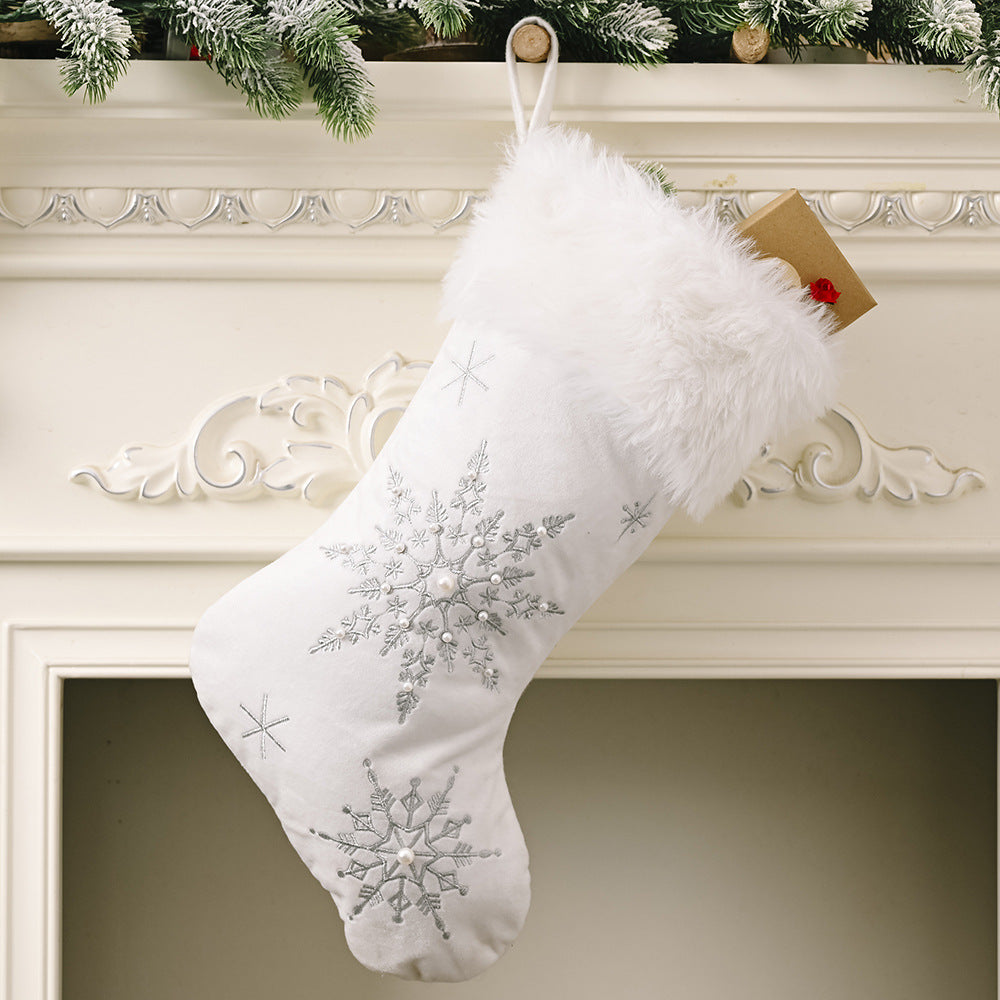Flannel Pearl Snowflake Christmas Stocking White