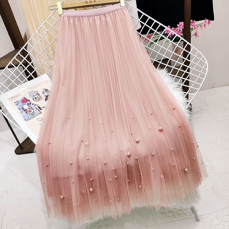 Pleated Mesh Skirt Women's Mid-length High Waist Long Skirt