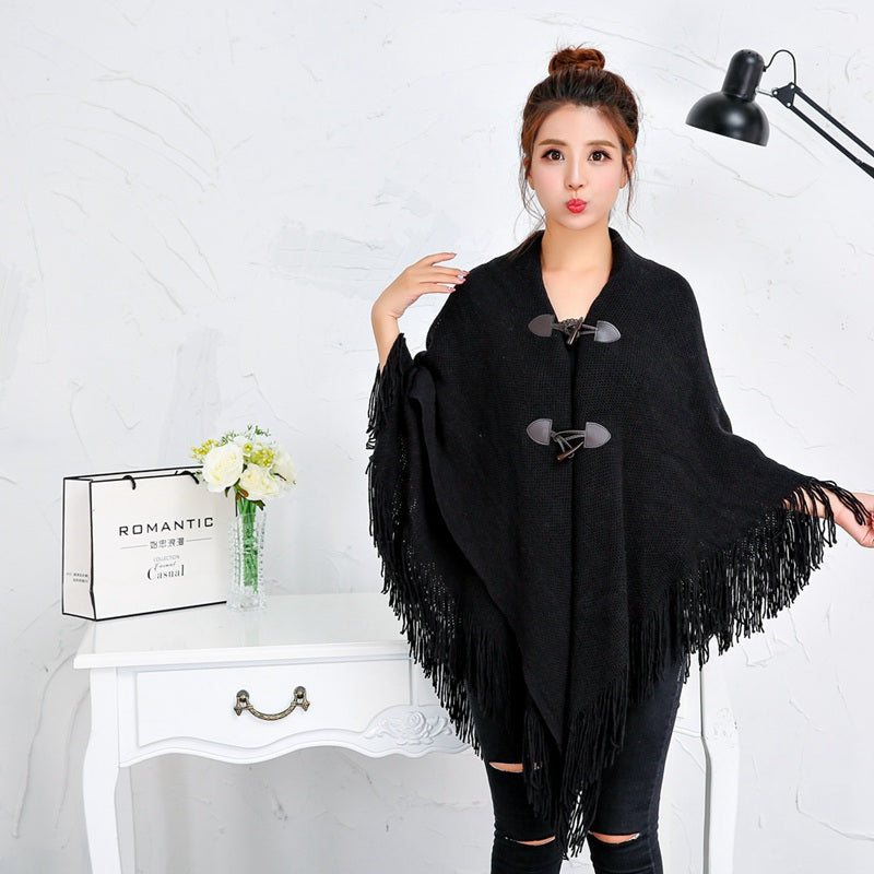 Fringed cloak shawl warmth and thick solid color