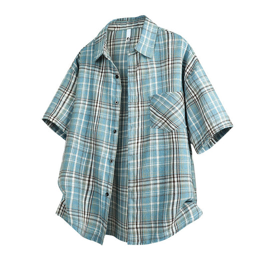 Mens Casual Short-sleeve Plaid Shirt Jacket
