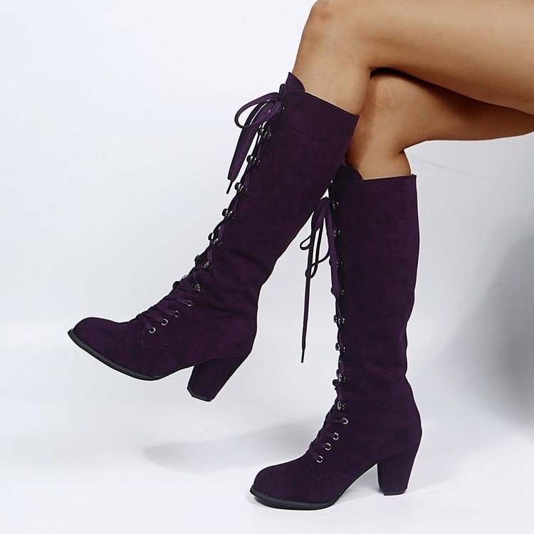 Winter New High Solid Color Thick Heel Round Head Lace-up Knight Boots Fashion High Heel Boots