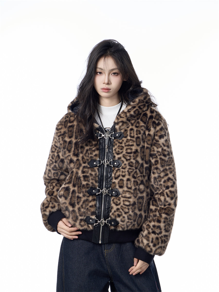 Hættetrøje Dame Løs Tyk Leopardprint Fuldprint Design Gadejakke