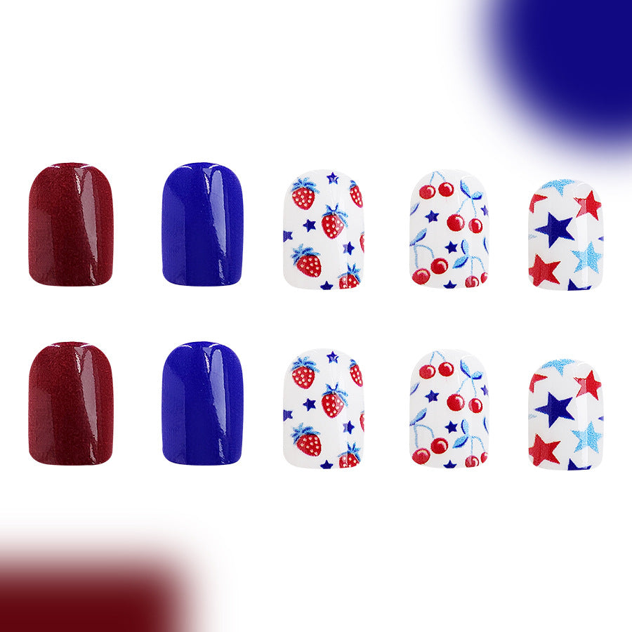 Short Glossy Red And Blue Combined Strawberry Cherry Independence Day Wear Manicure 24 Pieces