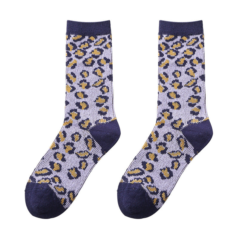 Autumn And Winter New Vintage Floral Women's Socks Rhombic Love Double Needle Cotton Socks Thermal Middle Tube Socks